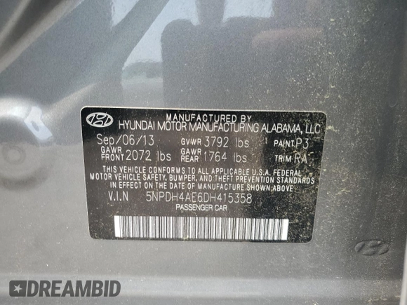 2013 Hyundai Elantra GLS z VIN 5NPDH4AE6DH415358, wystawiony jako Copart lot #58315245 z przebiegiem 112 231 mil mil oraz Szkoda całkowita • Salvage title. Historia ofert i sprzedaży dostępna na DreamBid. Obrazek 12.