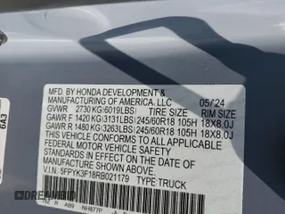 2024 Honda Ridgeline Sport with VIN 5FPYK3F18RB021179, listed as a Copart auction lot 55466935 with 8,400 mi miles and Salvage title. Bid and sale history available at DreamBid. Image 13.