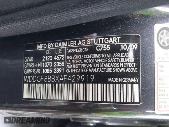 2010 Mercedes-Benz C C 300 Sport with VIN WDDGF8BBXAF429919, listed as a IAAI auction lot 41593041 with 99,185 mi miles. Bid and sale history available at carsss.com. Image 9.
