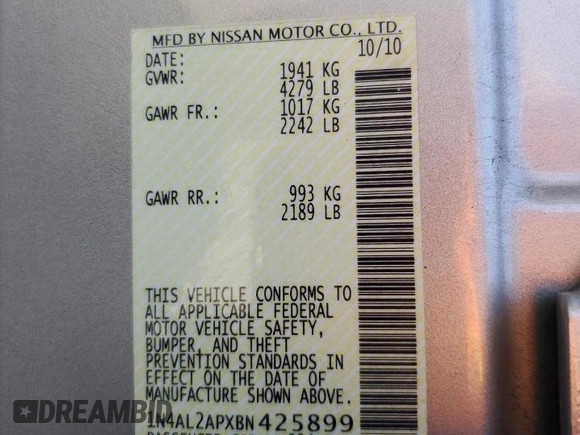 2011 Nissan Altima S with VIN 1N4AL2APXBN425899, listed as a Copart auction lot 62120565 with 183,677 mi miles and Salvage title. Bid and sale history available at DreamBid. Image 12.