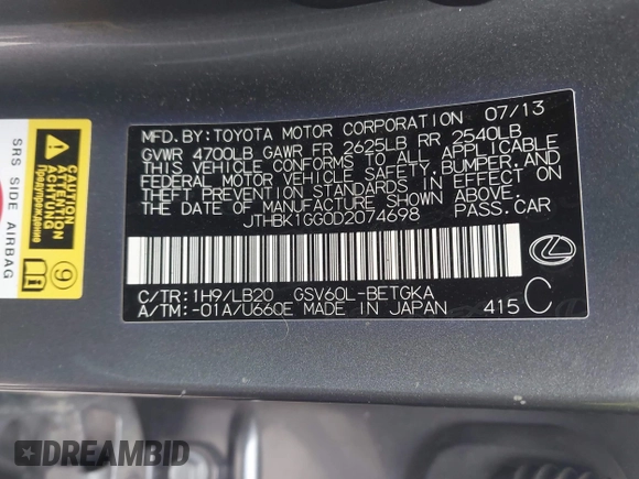 2013 Lexus ES 4dr Sdn with VIN JTHBK1GG0D2074698, listed as a IAAI auction lot 42049070 with 117,036 mi miles. Bid and sale history available at carsss.com. Image 9.