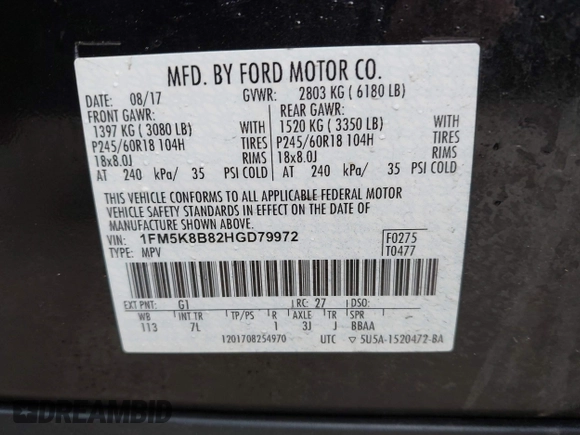 2017 Ford Explorer с VIN 1FM5K8B82HGD79972, выставлен на аукционе IAAI как лот 42263058 с пробегом 186 693 миль миль и . История ставок и продаж доступна на DreamBid. Изображение 9.