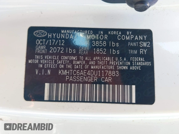 2013 Hyundai Veloster Turbo z VIN KMHTC6AE4DU117883, wystawiony jako IAAI lot #41805601 z przebiegiem Nie podano mil oraz . Historia ofert i sprzedaży dostępna na DreamBid. Obrazek 9.