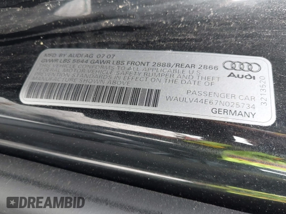 2007 Audi A8 with VIN WAULV44E67N025734, listed as a IAAI auction lot 42350656 with 202,199 mi miles and . Bid and sale history available at DreamBid. Image 9.