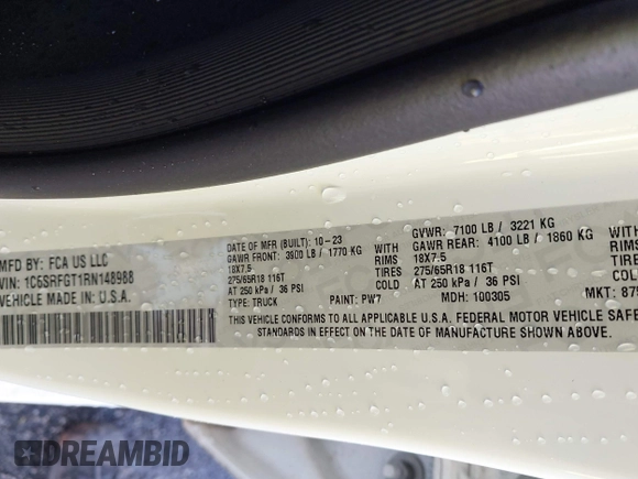 2024 Ram 1500 Tradesman with VIN 1C6SRFGT1RN148988, listed as a IAAI auction lot 41721409 with 3,648 mi miles and . Bid and sale history available at DreamBid. Image 9.