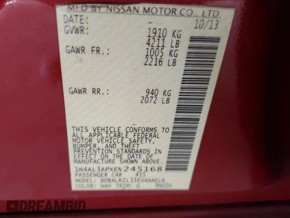 2014 Nissan Altima SL with VIN 1N4AL3APXEN245168, listed as a Copart auction lot 47658055 with 152,635 mi miles and Salvage Title. Bid and sale history available at DreamBid. Image 13.