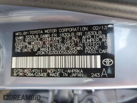 2013 Toyota Yaris L with VIN JTDKTUD30DD563690, listed as a Copart auction lot 50710715 with 98,331 mi miles and Salvage Title. Bid and sale history available at DreamBid. Image 13.