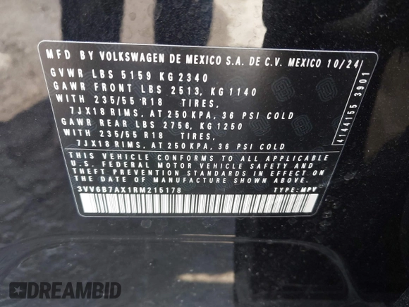 2024 Volkswagen Tiguan Wolfsburg Edition z VIN 3VV6B7AX1RM215178, wystawiony jako IAAI lot #42080886 z przebiegiem 6 914 mil mil oraz . Historia ofert i sprzedaży dostępna na DreamBid. Obrazek 9.