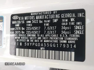 2016 Kia Sorento LX z VIN 5XYPGDA55GG179314, wystawiony jako IAAI lot #42026486 z przebiegiem 116 774 mil mil oraz . Historia ofert i sprzedaży dostępna na DreamBid. Obrazek 9.