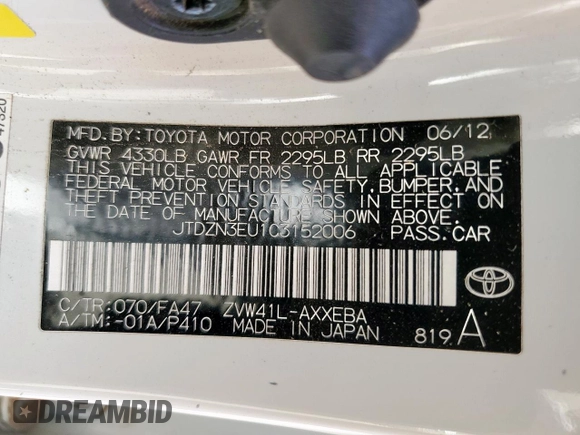 2012 Toyota Prius Two z VIN JTDZN3EU1C3152006, wystawiony jako Copart lot #61399735 z przebiegiem 159 060 mil mil oraz Szkoda całkowita • Salvage title. Historia ofert i sprzedaży dostępna na DreamBid. Obrazek 13.