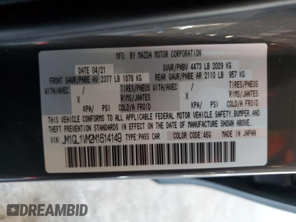 2021 Mazda Mazda6 Touring with VIN JM1GL1VM2M1614149, listed as a Copart auction lot 50255515 with 41,498 mi miles and Salvage Title. Bid and sale history available at carsss.com. Image 14.