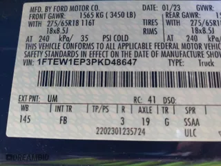 2023 Ford F-150 XL with VIN 1FTEW1EP3PKD48647, listed as a IAAI auction lot 40584659 with 50,841 mi miles. Bid and sale history available at carsss.com. Image 9.