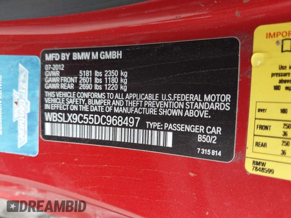 2013 BMW M6 z VIN WBSLX9C55DC968497, wystawiony jako IAAI lot #41863884 z przebiegiem 128 241 mil mil oraz . Historia ofert i sprzedaży dostępna na DreamBid. Obrazek 9.