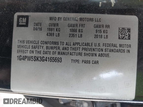 2016 Buick Verano Sport Touring с VIN 1G4PW5SK3G4165693, выставлен на аукционе IAAI как лот 42350484 с пробегом 109 124 миль миль и . История ставок и продаж доступна на DreamBid. Изображение 9.