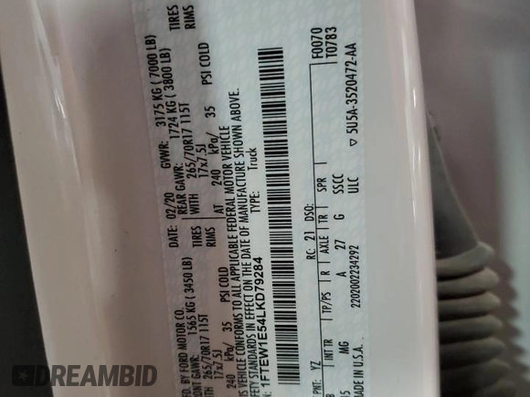 2020 Ford F-150 XL with VIN 1FTEW1E54LKD79284, listed as a Copart auction lot 60667495 with 108,208 mi miles and Salvage title. Bid and sale history available at DreamBid. Image 12.