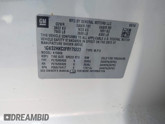 2015 GMC Yukon XL SLT with VIN 1GKS2HKC0FR179223, listed as a IAAI auction lot 40964120 with 184,592 mi miles. Bid and sale history available at carsss.com. Image 9.