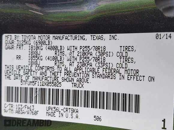 2014 Toyota Tundra 4WD Truck SR with VIN 5TFUM5F11EX055025, listed as a IAAI auction lot 41883017 with 100,565 mi miles. Bid and sale history available at carsss.com. Image 9.
