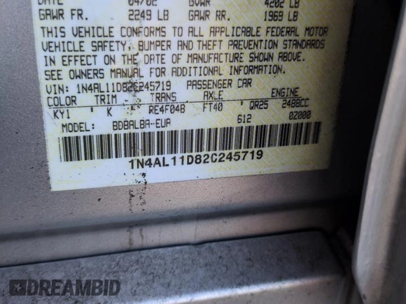 2002 Nissan Altima S with VIN 1N4AL11D82C245719, listed as a Copart auction lot 44923785 with 100,535 mi miles and Salvage Title. Bid and sale history available at carsss.com. Image 14.