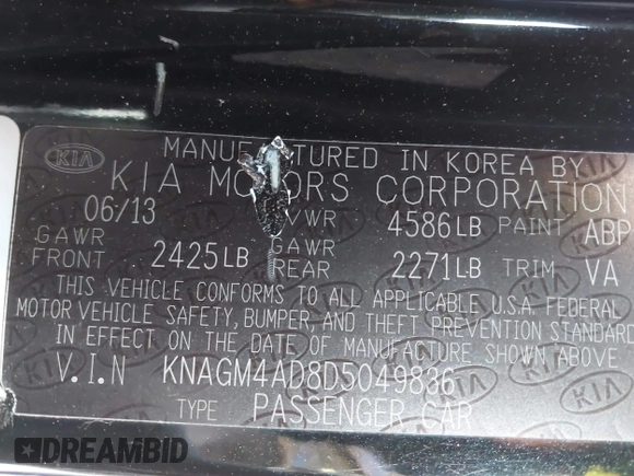 2013 Kia Optima EX with VIN KNAGM4AD8D5049836, listed as a IAAI auction lot 42040438 with Not Provided miles. Bid and sale history available at carsss.com. Image 9.