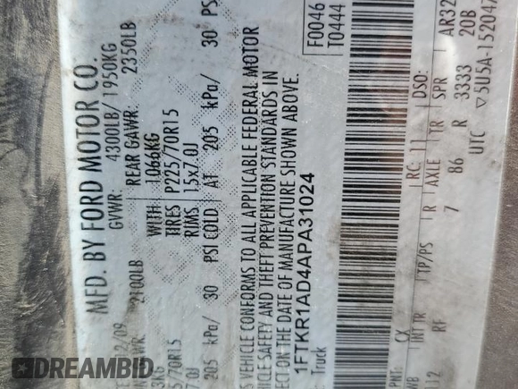 2010 Ford Ranger XL с VIN 1FTKR1AD4APA31024, выставлен на аукционе Copart как лот 54487625 с пробегом 313 315 миль миль и Списание • Salvage title. История ставок и продаж доступна на DreamBid. Изображение 12.
