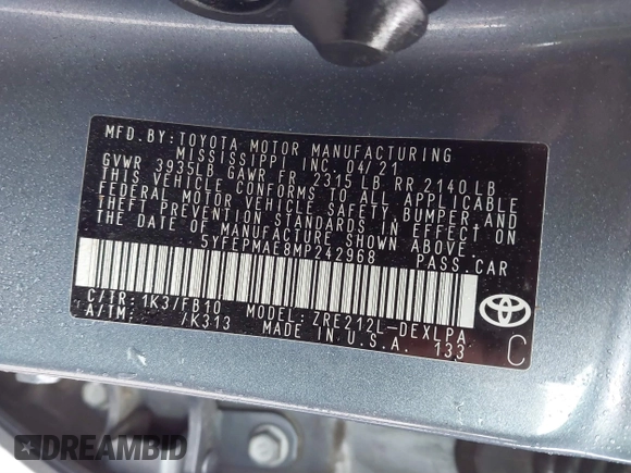 2021 Toyota Corolla LE with VIN 5YFEPMAE8MP242968, listed as a IAAI auction lot 41620339 with 56,752 mi miles and . Bid and sale history available at DreamBid. Image 9.
