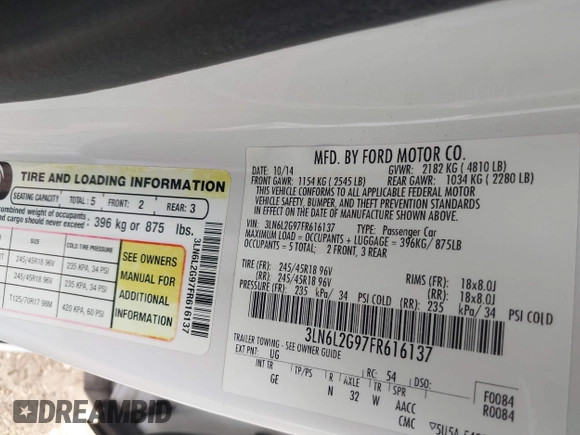 2015 Lincoln MKZ with VIN 3LN6L2G97FR616137, listed as a IAAI auction lot 41920939 with 180,004 mi miles. Bid and sale history available at carsss.com. Image 9.