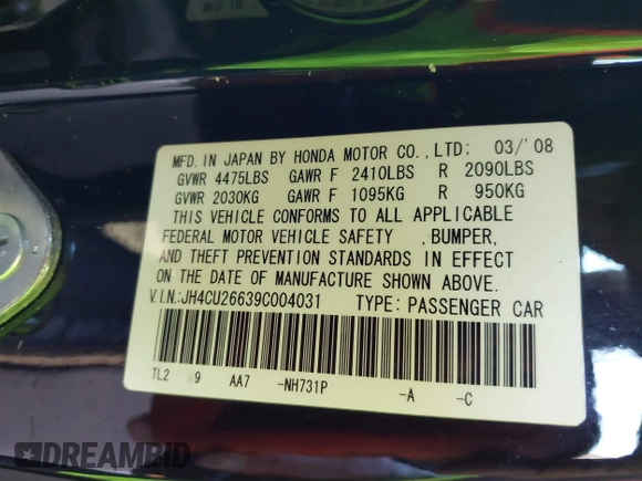 2009 Acura TSX with VIN JH4CU26639C004031, listed as a IAAI auction lot 41874745 with 189,739 mi miles. Bid and sale history available at carsss.com. Image 9.