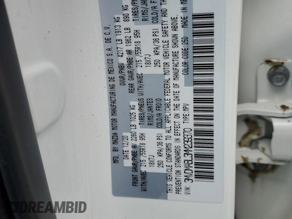 2021 Mazda CX-30 Select z VIN 3MVDMABL3MM239370, wystawiony jako Copart lot #49891555 z przebiegiem 43 217 mil mil oraz Szkoda całkowita • Salvage title. Historia ofert i sprzedaży dostępna na DreamBid. Obrazek 14.