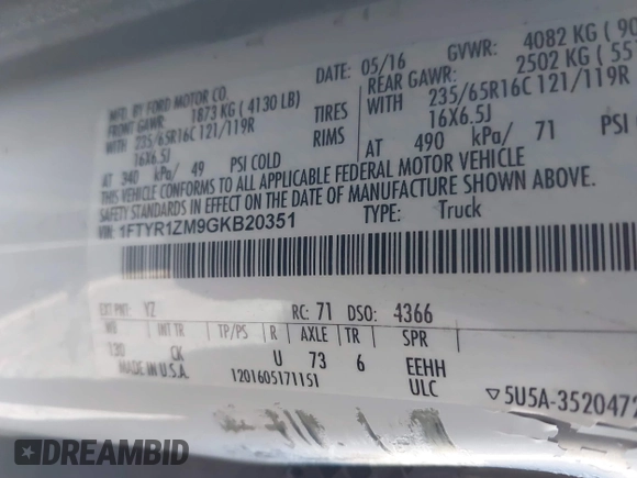 2016 Ford Transit Cargo with VIN 1FTYR1ZM9GKB20351, listed as a IAAI auction lot 38864121 with 99,365 mi miles and . Bid and sale history available at DreamBid. Image 9.