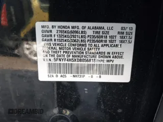 2013 Honda Pilot EX-L with VIN 5FNYF4H5XDB056818, listed as a IAAI auction lot 41485510 with 176,640 mi miles. Bid and sale history available at carsss.com. Image 9.