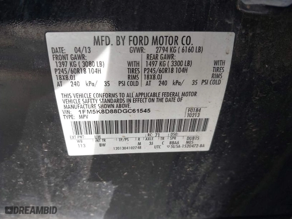 2013 Ford Explorer XLT with VIN 1FM5K8D88DGC61545, listed as a IAAI auction lot 40848629 with 175,687 mi miles. Bid and sale history available at carsss.com. Image 9.