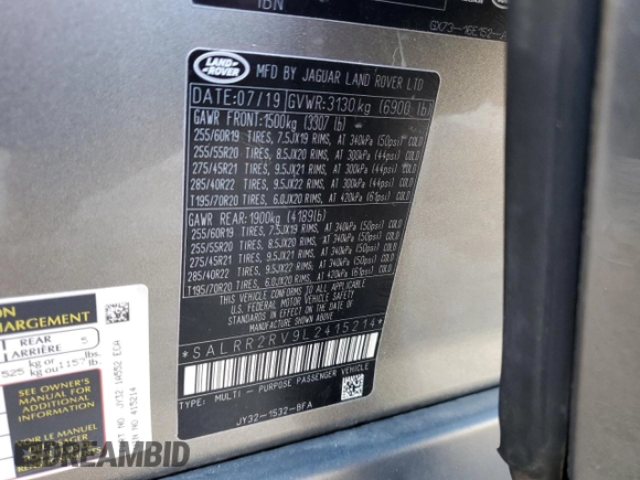 2020 Land Rover Discovery HSE z VIN SALRR2RV9L2415214, wystawiony jako Copart lot #73051304 z przebiegiem Nie podano mil oraz Szkoda całkowita • Salvage title. Historia ofert i sprzedaży dostępna na DreamBid. Obrazek 15.
