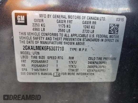 2015 GMC Terrain SLE z VIN 2GKALMEK6F6307710, wystawiony jako Copart lot #59543495 z przebiegiem 101 000 mil mil oraz Czysty tytuł • Clean title. Historia ofert i sprzedaży dostępna na DreamBid. Obrazek 14.