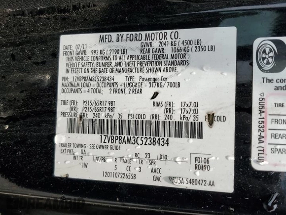 2012 Ford Mustang Premium with VIN 1ZVBP8AM3C5238434, listed as a Copart auction lot 58923145 with 265,039 mi miles and Clean title. Bid and sale history available at DreamBid. Image 12.