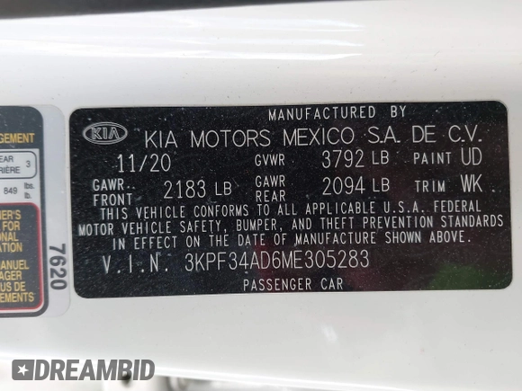 2021 Kia Forte GT-Line with VIN 3KPF34AD6ME305283, listed as a IAAI auction lot 41434409 with 50,041 mi miles. Bid and sale history available at carsss.com. Image 9.
