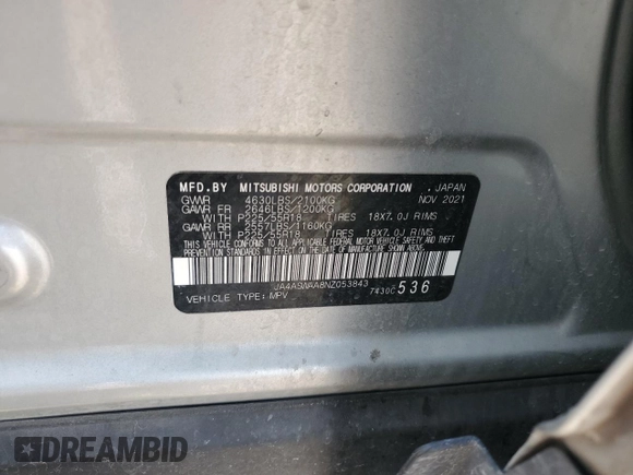 2022 Mitsubishi Eclipse Cross SE with VIN JA4ASWAA8NZ053843, listed as a Copart auction lot 54382445 with 101,222 mi miles and Salvage title. Bid and sale history available at DreamBid. Image 13.