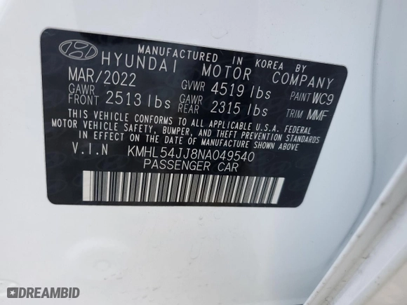 2022 Hyundai Sonata Hybrid Limited with VIN KMHL54JJ8NA049540, listed as a Copart auction lot 87121394 with 28,210 mi miles and Salvage Title. Bid and sale history available at carsss.com. Image 12.