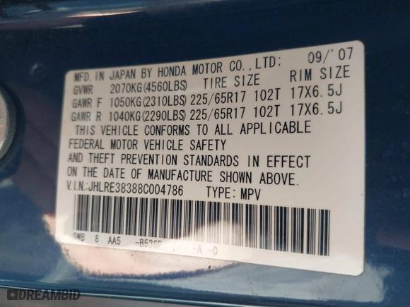 2008 Honda CR-V LX with VIN JHLRE38388C004786, listed as a IAAI auction lot 41664654 with 163,141 mi miles. Bid and sale history available at carsss.com. Image 9.