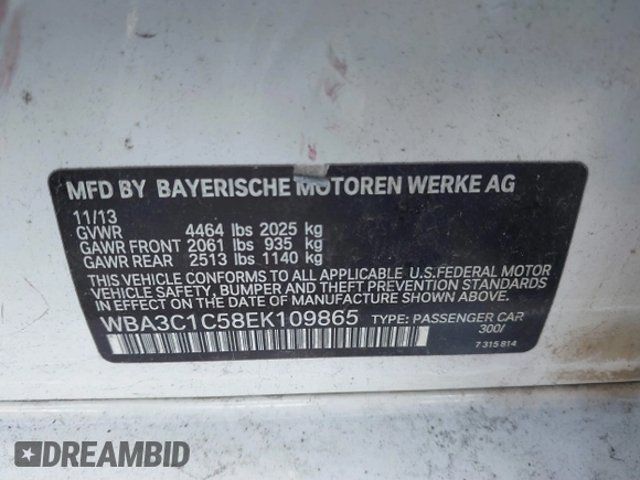 2014 BMW 3 Series 328i with VIN WBA3C1C58EK109865, listed as a IAAI auction lot 41290811 with 146,258 mi miles. Bid and sale history available at carsss.com. Image 9.