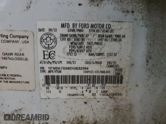 2013 Ford Explorer with VIN 1FM5K7B89DGB22599, listed as a Copart auction lot 89377895 with 148,812 mi miles and Salvage title. Bid and sale history available at DreamBid. Image 13.