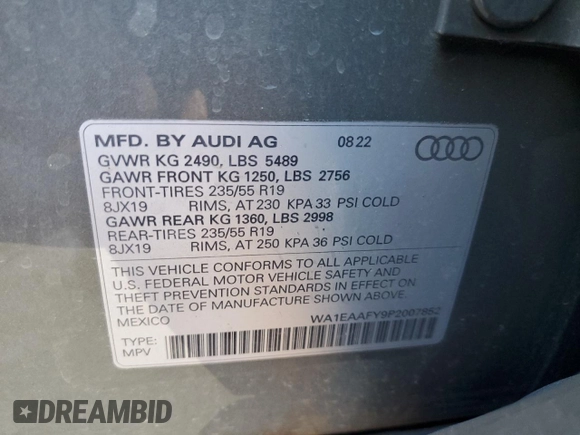 2023 Audi Q5 S line Premium Plus with VIN WA1EAAFY9P2007852, listed as a Copart auction lot 81371584 with 0 mi miles and Salvage Title. Bid and sale history available at carsss.com. Image 13.