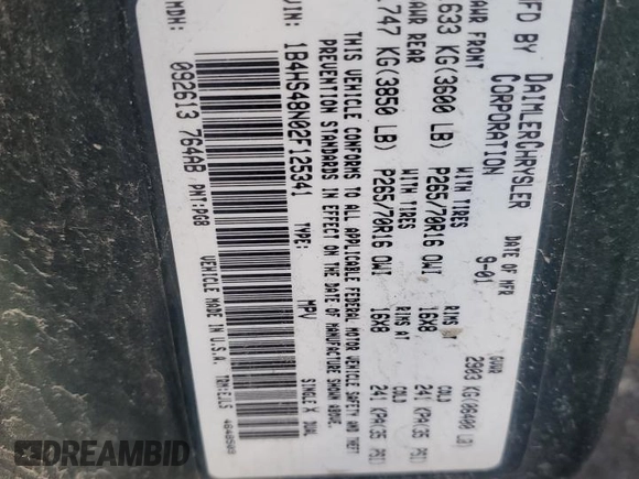 2002 Dodge Durango SLT z VIN 1B4HS48N02F125341, wystawiony jako Copart lot #44580705 z przebiegiem 318 093 mil mil oraz Szkoda całkowita • Salvage title. Historia ofert i sprzedaży dostępna na DreamBid. Obrazek 13.