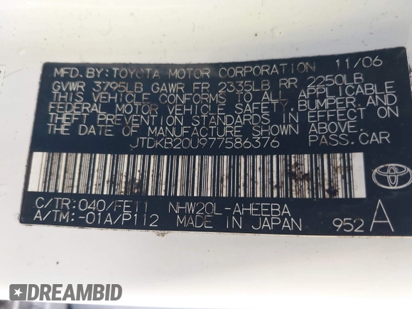 2007 Toyota Prius with VIN JTDKB20U977586376, listed as a IAAI auction lot 41848417 with 131,648 mi miles and . Bid and sale history available at DreamBid. Image 9.