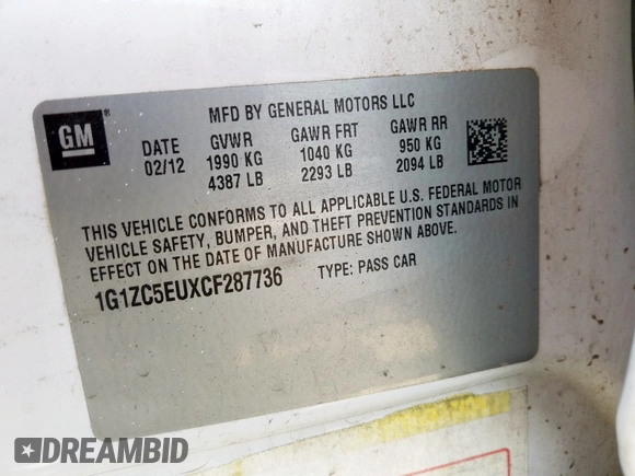 2012 Chevrolet Malibu 1LT with VIN 1G1ZC5EUXCF287736, listed as a Copart auction lot 52367905 with 158,637 mi miles and Non Repairable. Bid and sale history available at DreamBid. Image 10.
