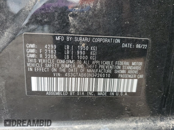 2022 Subaru Impreza with VIN 4S3GTAB60N3726010, listed as a Copart auction lot 54235255 with 23,521 mi miles and Salvage Title. Bid and sale history available at carsss.com. Image 12.