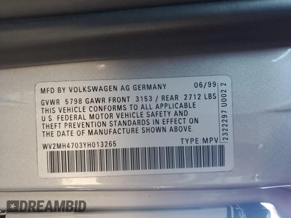 2000 Volkswagen EuroVan с VIN WV2MH4703YH013265, выставлен на аукционе Copart как лот 59003645 с пробегом Не указан миль и Списание • Salvage title. История ставок и продаж доступна на DreamBid. Изображение 14.