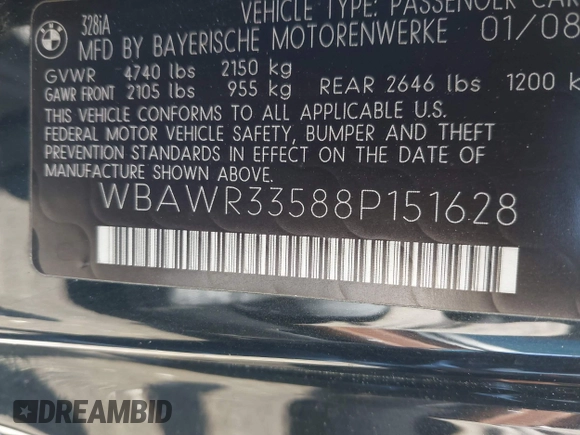 2008 BMW 3 Series 328i with VIN WBAWR33588P151628, listed as a IAAI auction lot 41922968 with 86,208 mi miles and . Bid and sale history available at carsss.com. Image 9.