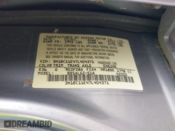 2007 Nissan Versa SL with VIN 3N1BC11E47L404371, listed as a IAAI auction lot 40309667 with 131,954 mi miles and . Bid and sale history available at DreamBid. Image 9.