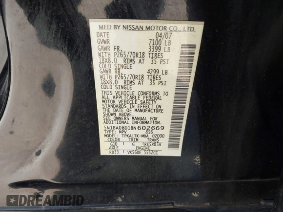 2008 Nissan Armada SE z VIN 5N1BA08D18N602669, wystawiony jako IAAI lot #41653129 z przebiegiem Nie podano mil oraz . Historia ofert i sprzedaży dostępna na DreamBid. Obrazek 9.