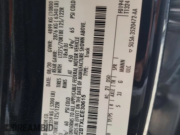 2020 Ford F-250 XL with VIN 1FT8W2BTXLEE30615, listed as a Copart auction lot 60626295 with 142,318 mi miles and Salvage title. Bid and sale history available at DreamBid. Image 12.